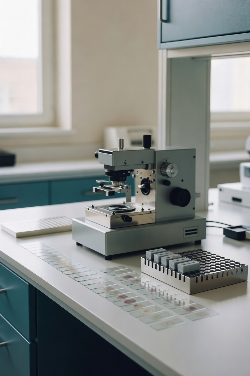 Histology laboratory bench with microscope slides and microtome